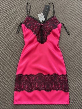 APART Hot Pink Satin-Look Lace Trim Slip Dress NWT Size 36